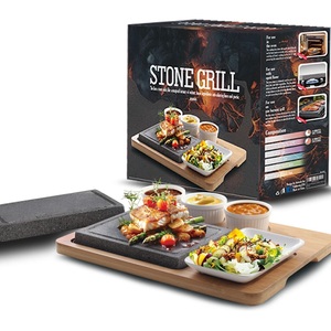 Plaque <span class=keywords><strong>de</strong></span> cuisson en pierre <span class=keywords><strong>de</strong></span> <span class=keywords><strong>lave</strong></span> en granit naturel pour steak avec <span class=keywords><strong>plateau</strong></span> <span class=keywords><strong>de</strong></span> service en bambou et plat en céramique - Product Image 1