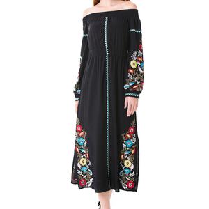 Vestidos Largos Casuales para Mujer, Bordados Florales, de Algodón, OEM, Negros, Tallas Grandes, Cintura Natural, a la Moda - Product Image 3