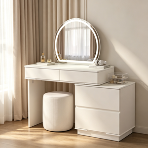 Juego de tocador extensible blanco mate liso con espejo LED redondo, cómoda lateral y taburete cilíndrico a rayas para dormitorio - Product Image 3