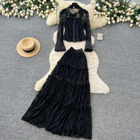 Ensemble 2 pièces élégant en dentelle à manches longues et jupe longue à volants taille haute pour femme – Collection Printemps-Été