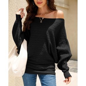 Pull tricoté à col bateau et manches chauve-souris pour femme, style décontracté automne, anti-boulochage, manches longues, col rond - Product Image 4