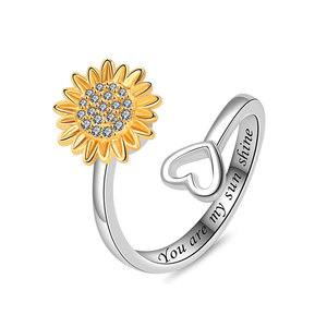 Bague anti-stress ajustable Tournesol en cuivre plaqué or avec zircon pavé, Bijou 'Tu es mon rayon de soleil', Cadeau d'amour pour petite amie - Product Image 5