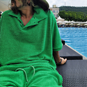 Conjunto de Dos Piezas para Hombre, Camiseta Polo de Tela de Toalla Tejida Ecológica, Pantalones Cortos, Manga Larga, Estilo Informal, para Playa o Resort - Product Image 3