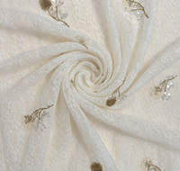 Tissu en dentelle de coton peigné blanc avec broderie floquée et sequins bicolore motif pissenlit pour mariage et tenues modestes musulmanes