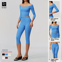 Nouvel ensemble de sport brossé uni style demi-manches, t-shirt ajusté et pantalon capri respirant taille haute pour femme – Ensembles de yoga