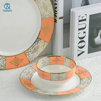 Set Perlengkapan Makan Vintage TQ Custom, Piring Bundar, Mangkuk dan Piring Keramik Putih Oranye untuk Hotel dan Restoran