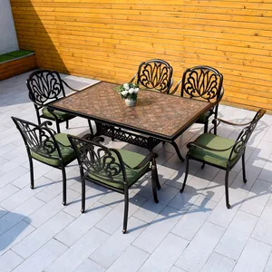 定制户外铸铝庭院家具5PCS餐具套装，带后院花园瓷砖桌面