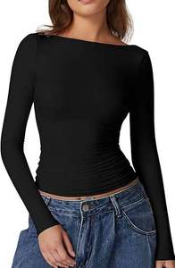 Nueva Llegada: Elegante Camiseta Blanca de Manga Larga para Mujer, Cuello Barco, Hombros Descubiertos, Corte Ajustado, Elástica, Doble Forro, Básica, a la Moda - Product Image 2