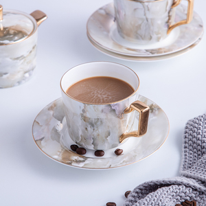PITO Elegante Set di Tazza e Piattino, Design di Lusso in Marmo, Porcellana Bone China 220CC, Tazza <span class=keywords><strong>da</strong></span> Caffè in Ceramica - Product Image 1