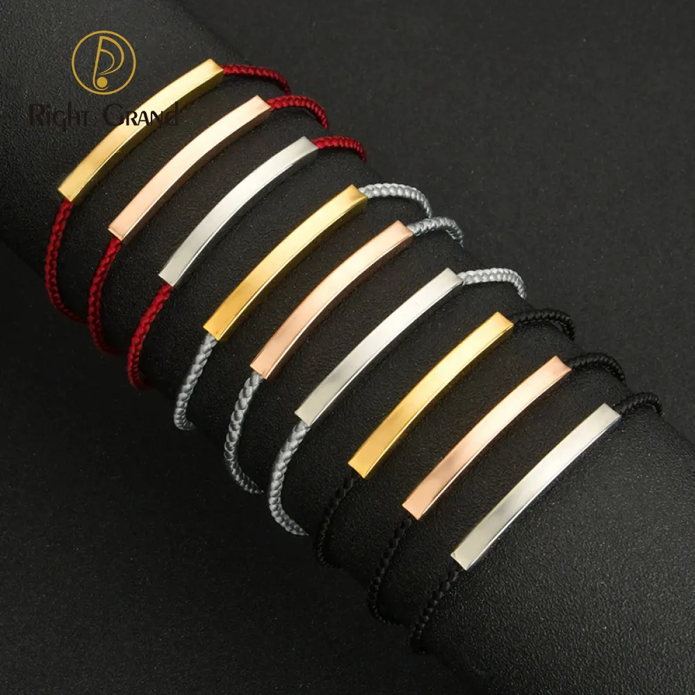 Blank Bar Adjustable Braided Rope Bracelet Stainless Steel Silver/Gold/Rose Gold Bracelet With Custom Laser Logo