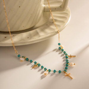 <span class=keywords><strong>Collana</strong></span> con ciondolo con <span class=keywords><strong>perle</strong></span> d'acqua dolce croce girocollo con perline di riso in pietra <span class=keywords><strong>blu</strong></span> per donna - Product Image 3