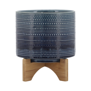 Vaso cilindrico in gres punteggiato con supporto in bambù per piante da interno ed esterno, vaso decorativo per fiori - Product Image 1