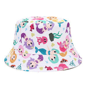 2025 chico Kawaii lindo 54cm 3-8 años niños niñas colorido dibujos animados sirena pez estampado verano viaje sol playa pescador cubo sombrero - Product Image 4
