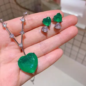 Luxury Heart Shaped Paraiba Tourmaline Blue Stone Aquamarine Diamond Stud Earrings Women's Pendant Necklace Wedding Jewelry Sets