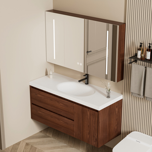 طقم حمام بتصميم خشبي عصري مع حوض من الأكريليك ذو سطح صلب وخزانة خشبية صديقة للبيئة مثبتة على الحائط بملمس دافئ وسهلة التنظيف - Product Image 1