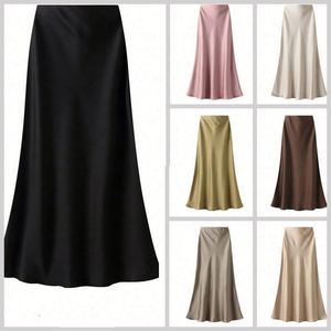 Jupe longue trapèze K2113 en satin d'acétate, taille haute, amincissante, coupe sirène, couleur unie, tricotée, respirante, pour femme, fabriquée aux États-Unis - Product Image 1