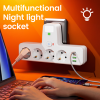 Multiprise ODM/OEM EU 9-en-1 Schuko avec 4 prises CA, 2 USB-A, 2 USB-C, veilleuse et protection contre les surcharges et les surtensions pour salon
