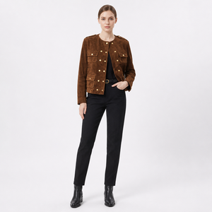 Chaqueta Bluson de Piel de Oveja para Mujer, Color Sólido, Ecológica, Antiarrugas, Auténtica, Marrón, Corta, con Botones Dorados y Bolsillos, de Lujo, para Otoño - Product Image 2
