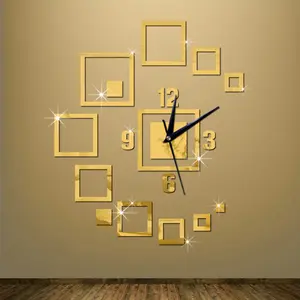 रचनात्मक चौकों दर्पण दीवार घड़ी स्टीरियो एक्रिलिक फैशन दीवार घड़ी के लिए कमरे में रहने वाले