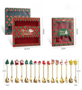 Set di Lusso Promozionale Natalizio con Forchette e Cucchiai a Tema Babbo Natale, Set da Sei Pezzi in Titanio Rosso con Scatola Regalo in Pelle PU e Logo Personalizzato - Product Image 3