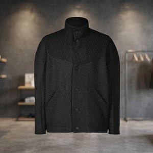Veste noire pour homme Miyake plissée unie à col montant et manches longues, mode automne 2024, nouvelle collection - Product Image 2