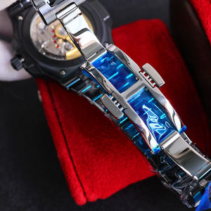 Montre mécanique minimaliste de luxe pour hommes, lunette en céramique noire, cristal saphir, cadran bleu foncé, chronographe - Product Image 5