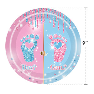 Kit de fournitures de fête jetables : assiettes en papier, gobelets, serviettes, décorations pour fête de révélation du sexe (garçon ou fille) - Product Image 3