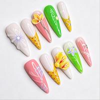 Ongles à presser 3D couleur vive, 10 pièces par paquet, en acrylique, faits à la main, design floral de luxe, vente en gros