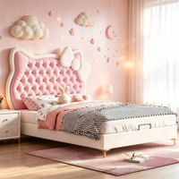 Abgerundeter Massivholz-Polsterbettrahmen mit Katzenkopf-Kopfteil, Cremefarbenes Bett mit Aufbewahrungsschubladen für Prinzessinnen-Kinderzimmer