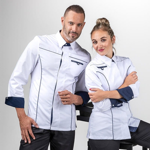 Uniforme de Chef de Alta Calidad para Restaurante, Uniforme de Cocina Unisex de Sarga 100% Algodón, Chaqueta de Chef Azul Marino y Blanco - Product Image 6