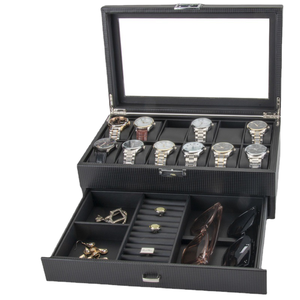 Black Rectangle <b>Watch</b> Box With Glass Lid Multi Compartment Display Storage Drawer Leatherette <b>Case</b> Dustproof Faux Leather - Product Image 1