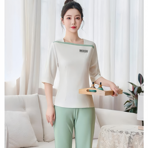 Ensemble de <span class=keywords><strong>tunique</strong></span> de <span class=keywords><strong>travail</strong></span> en soie à manches courtes pour femmes, avec logo personnalisé, pour massage thaïlandais, SPA, salon de beauté, hôtels et séances de beauté - Product Image 4