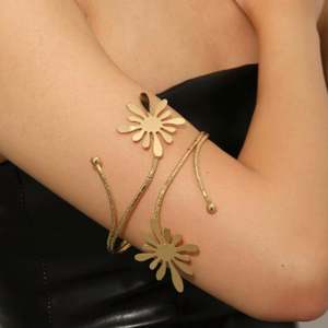 Zoryn Women's 18K Gold Plated <b>Adjustable</b> Upper Arm <b>Bracelet</b> with Flower Pattern Hammered Textured Simple Minimalist Design - Product Image 5