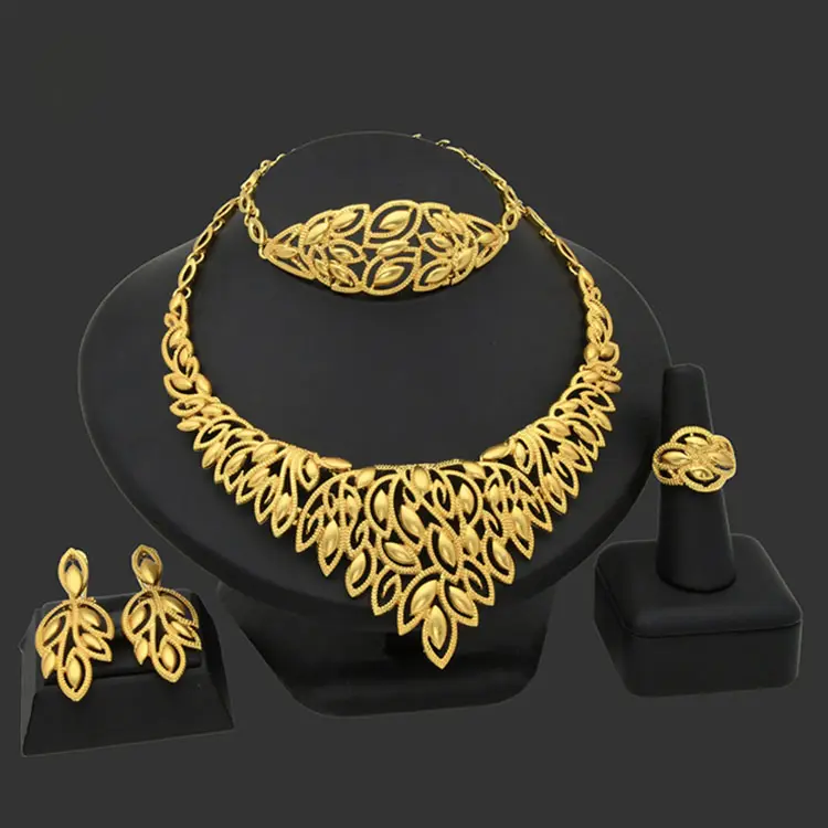 Fashion baik Dubai choker perhiasan set emas murni India pernikahan religius Wanita perisai kalung anting cincin gelang berlapis