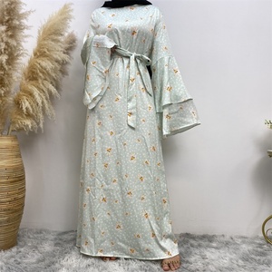 6528 #   Vestido de Satén de Dos Capas con Mangas Trompeta y Cuello Redondo, Estampado Diferente, Popular en Verano, Moda Musulmana Islámica Árabe para Mujer - Product Image 2