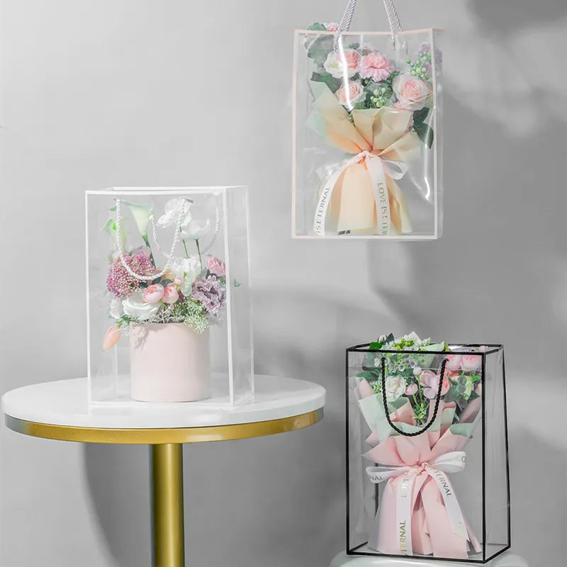 Luxe en plastique grand bouquet floral emballage fleur cadeau sac étanche clair pvc poignée fourre-tout bouquet arrangement sac poignée