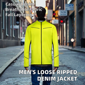 Nouvelle veste universitaire en jean déchiré ample pour homme, col rabattu, poches zippées, décontractée, respirante, teinte unie, pour jeunes hommes, automne - Product Image 2