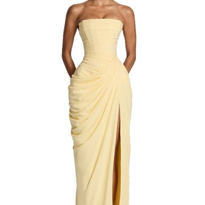 Elegante Vestido de Noche Formal, Vestido Largo sin Tirantes con Cintura Fruncida y Abertura Alta, Vestido Maxi para Fiesta de Verano con Lazos en la Espalda - Product Image 1
