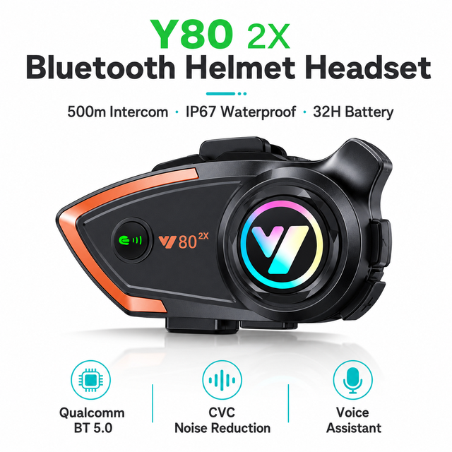 Motorcycle Intercom Headset 500M 2-Rider Communication Qualcomm 5.0 CVC Noise Reduction IP56 Waterproof 32H Battery