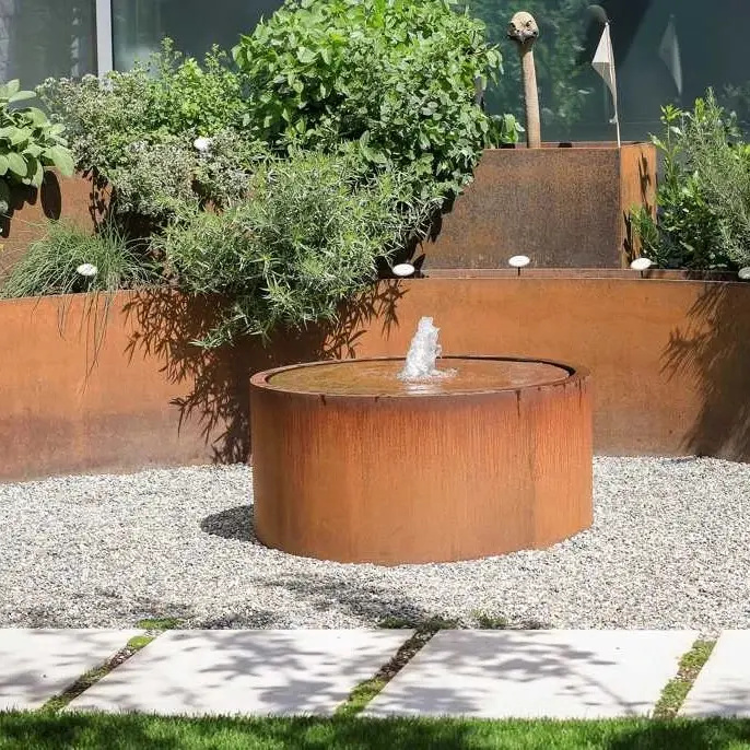 Garten block Verrosteter Brunnen, Corten Steel Cube Wasser brunnen, Garten brunnen Wasserspiel