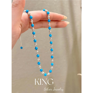 King Silver Jewelry Turquoise Bead Necklace <b>Bracelet</b> Set Women's Everyday Wear S925 Sterling Silver Geometric Round <b>Ball</b> Design - Product Image 4