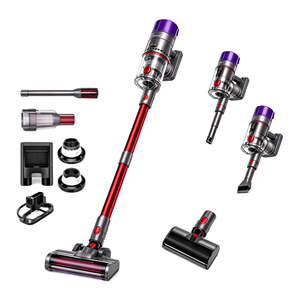 Aspirateur à main avec tige rouge et tête moteur violette, capacité de 1,2 L, plusieurs accessoires pour usage domestique - Product Image 1