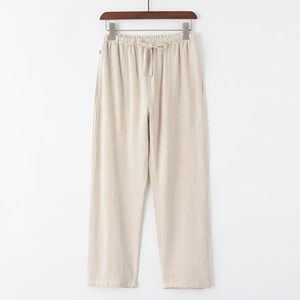 <span class=keywords><strong>Pantaloni</strong></span> di <span class=keywords><strong>lino</strong></span> Casual da uomo personalizzati <span class=keywords><strong>pantaloni</strong></span> di <span class=keywords><strong>lino</strong></span> a gamba dritta in vita elasticizzata leggera tinta unita - Product Image 1