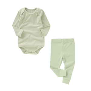 新生男婴女童纯色罗纹针织棉长袖连身裤秋冬季服装套装 - Product Image 4