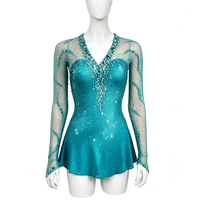 Robe de patinage artistique vert sarcelle, col en V, manches longues en maille, dos ouvert croisé, jupe entièrement ornée de strass pour adultes et enfants