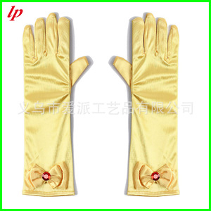 Belle Princess Yellow Satin Gloves With <b>Bow</b> And Rhinestone For Girls Costume Accessory - Product Image 1