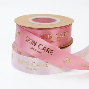 Custom gold foil 3d embossed printed gift polyester satin ribbon with logo ribbon for food boxes cupcake macaron packaging