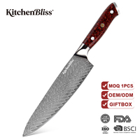 Couteau de cuisine professionnel japonais KitchenBliss Red Valley en acier Damas avec manche en résine pour légumes, poisson et viande