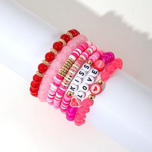 Conjunto de Pulseras de Arcilla Polimérica con Corazón Rosa Dulce y Encantador, Pulseras Elásticas de Varias Capas con Cuentas de Letras Apilables, Unisex - Product Image 2