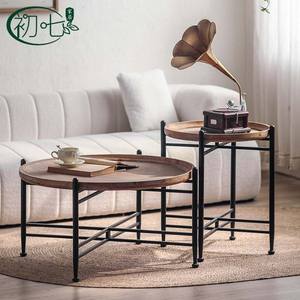 The Seventh Day Vintage Round Coffee <b>Table</b> <b>Wood</b> <b>Top</b> Iron Frame Combination Living Room Side <b>Table</b> - Product Image 1